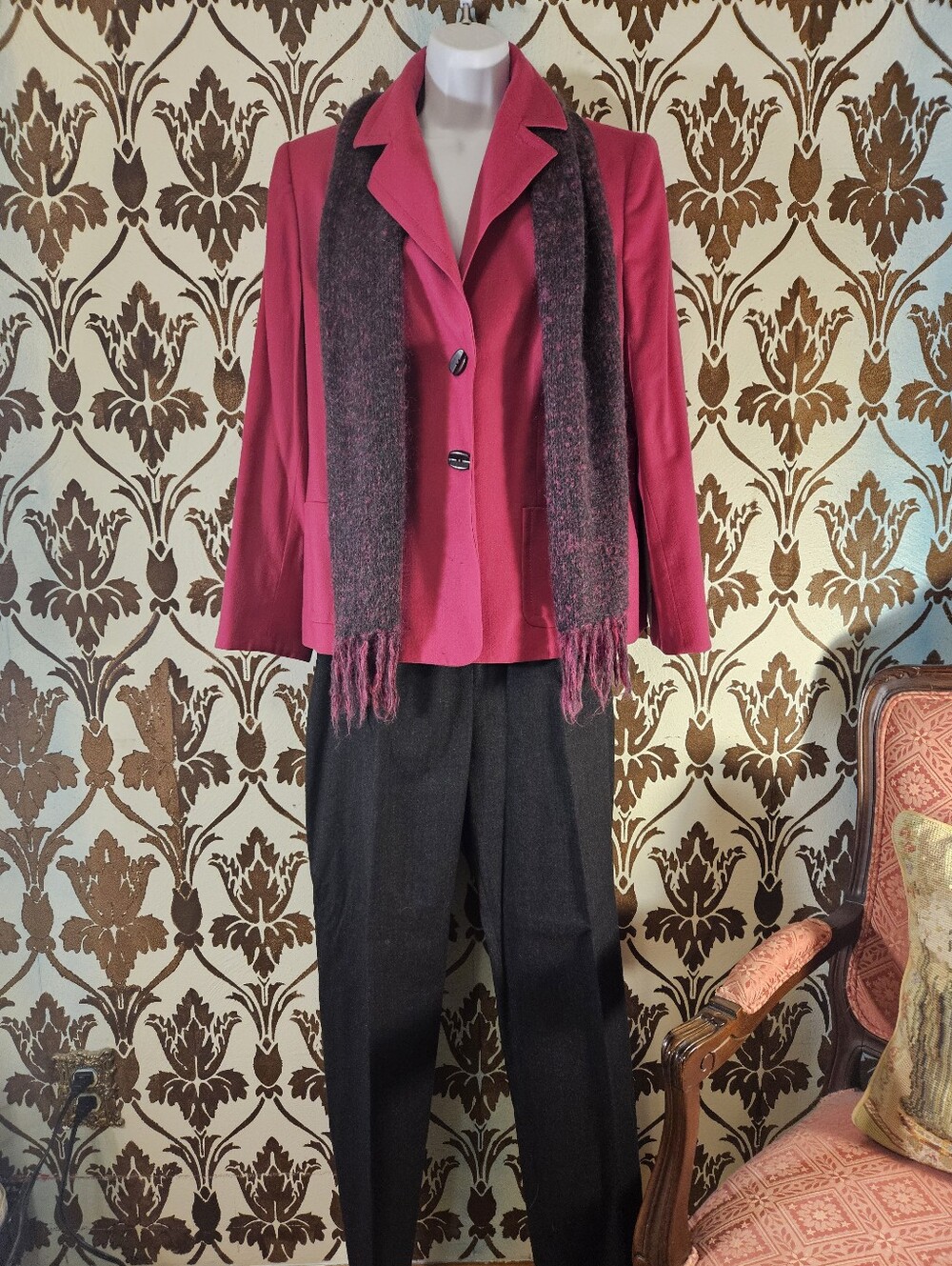 KASPER ASL PETITE Women's 12P Fuchsia Pink/Grey 2pc. Suit SET Pants-Jacket-Wool